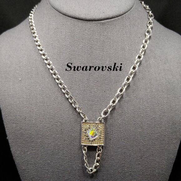 Vintage Swarovski AB Square Pendant Necklace Swan Logo Rhodium - Picture 1 of 9